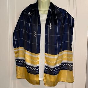 Vintage mid Century I.Shalom & Co navy blue, yellow & white polyester scarf‎